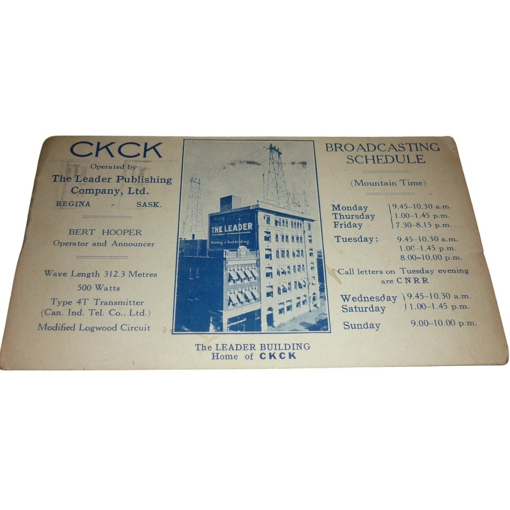 Vintage 1926 CKCK Radio Regina Sask QSL Postcard Bert Hooper Leader Building